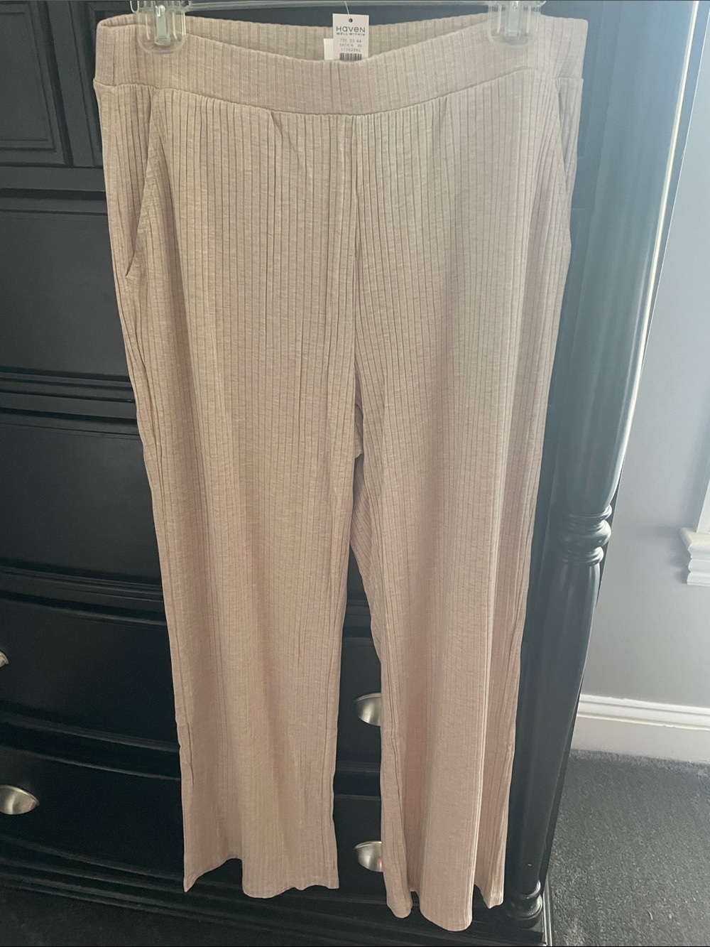 Haven Rib-Knit Wide-Leg Pants in Light Beige
